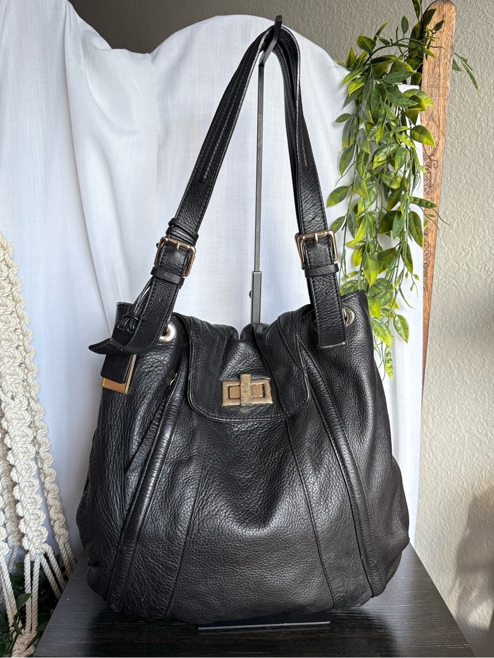Pour La Victoire Black Pebbled Leather Turnlock Slouchy Hobo Shoulder Bag Moto
